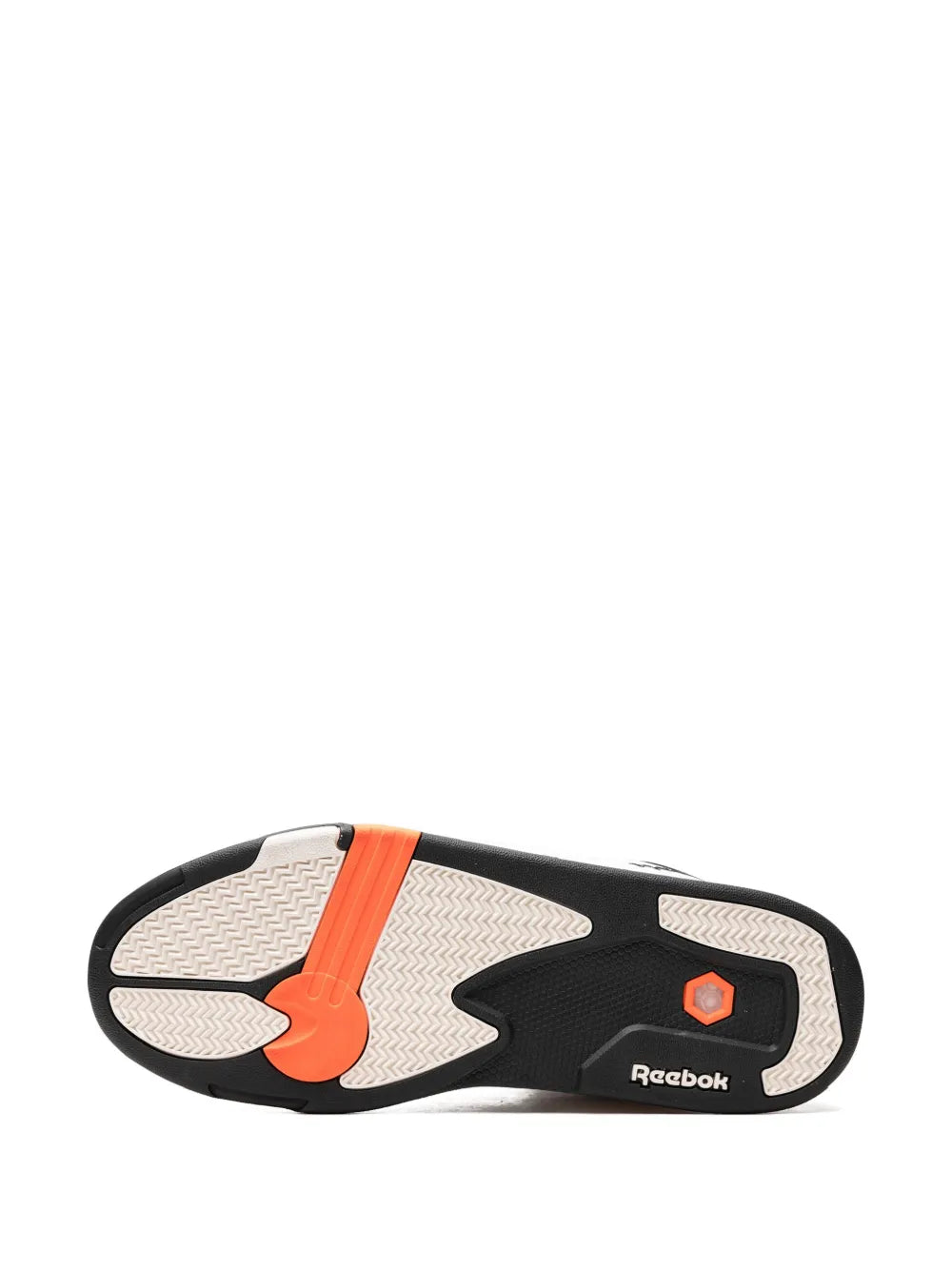 Reebok high-top sneaker outsole with orange traction accent and black tread
