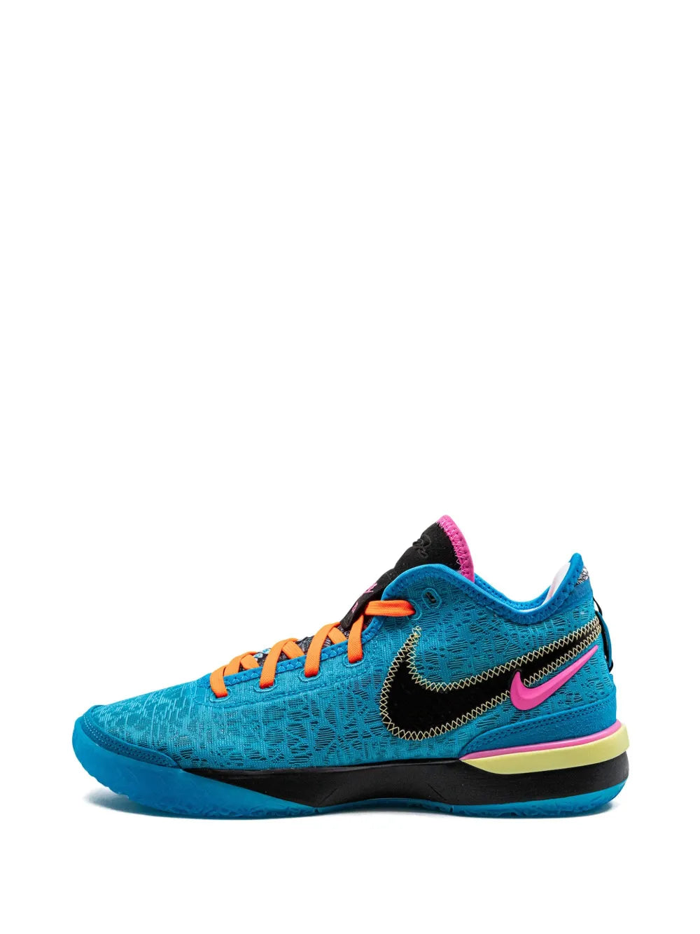 Teal basketball shoe with black swoosh, pink accent stripe, orange laces, and blue sole