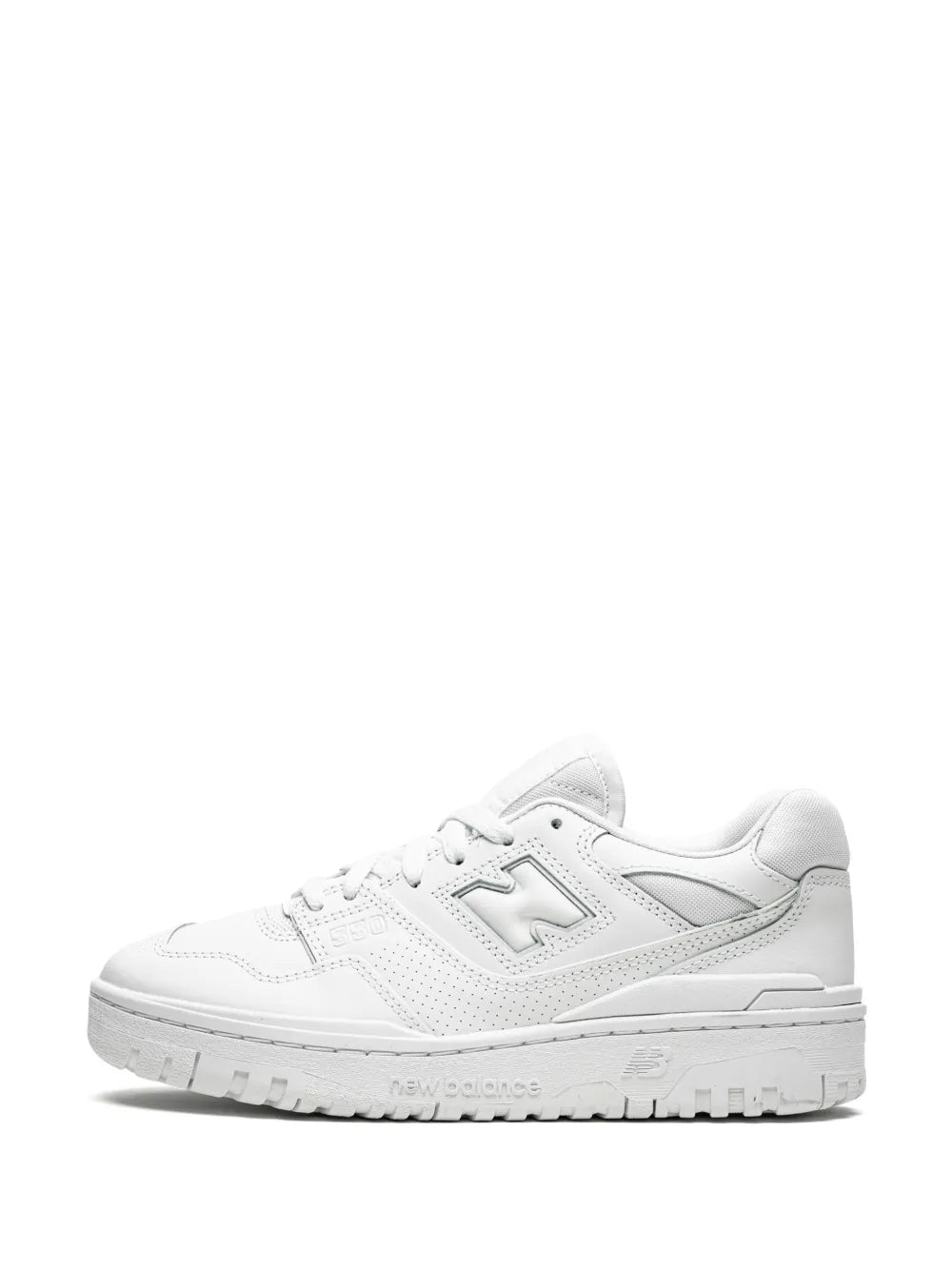 New Balance 550 low-top sneakers in triple white, thick sole and lace-up front
