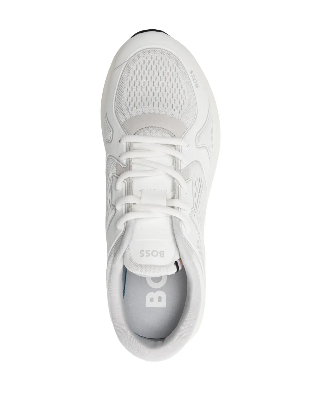 White Boss logo-print sneakers from above, lace-up with padded collar