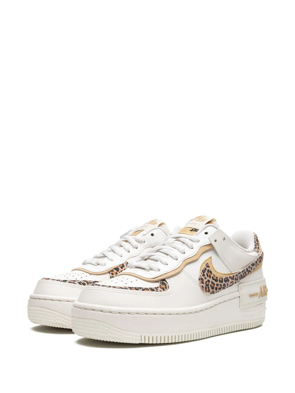 Nike Air Force 1 Low Shadow sneakers, front view with tan leopard overlays