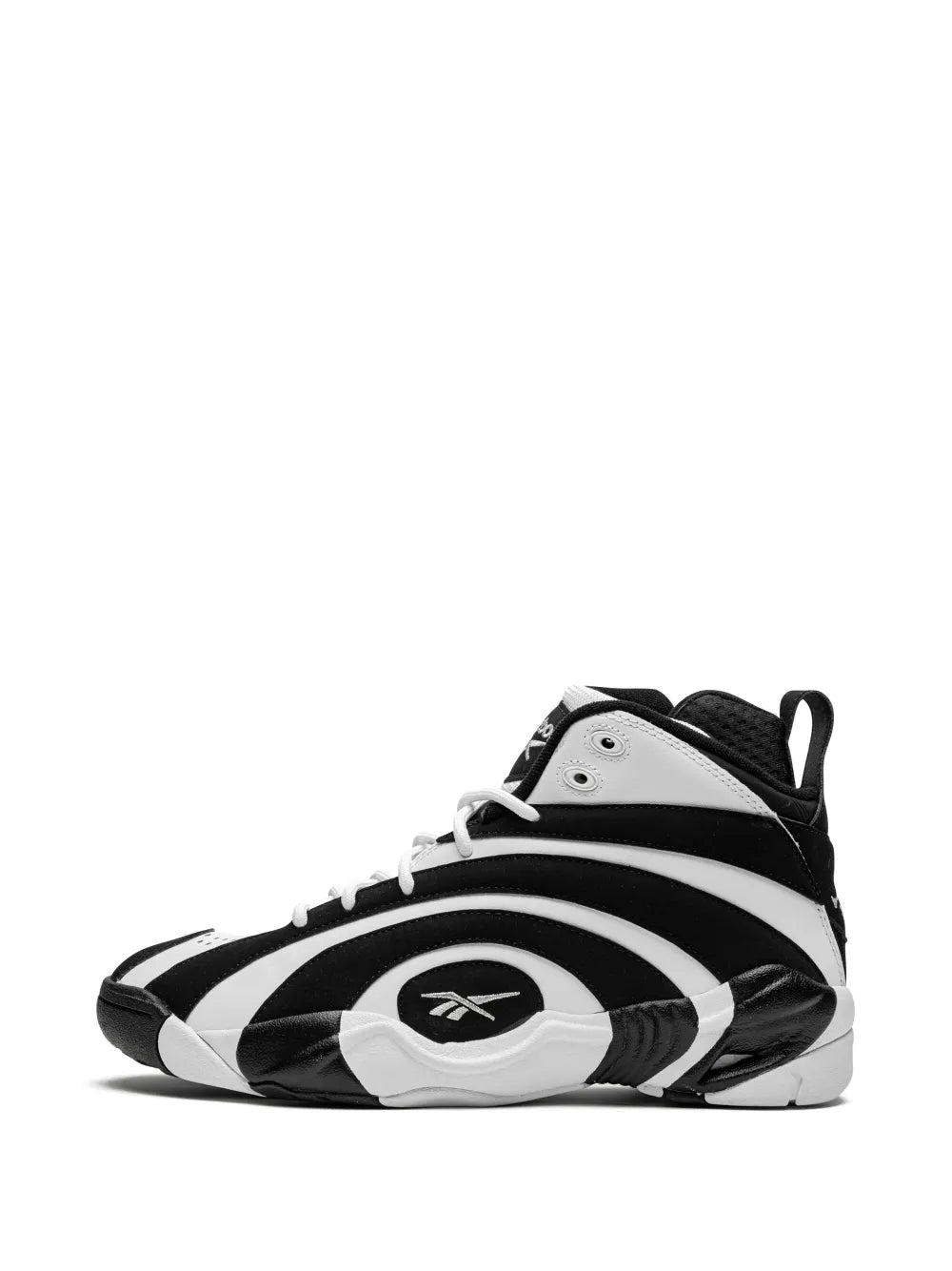 Black and white high-top sneakers with white laces and thick striped midsole