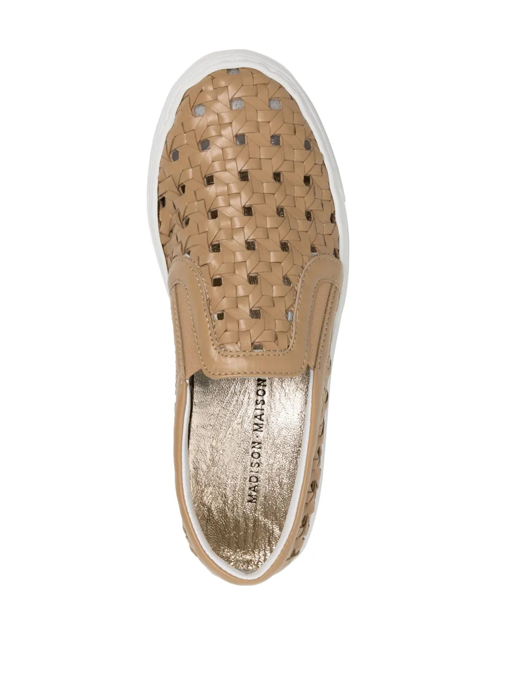 Brown perforated low-top sneaker interior lining with logo and white edge