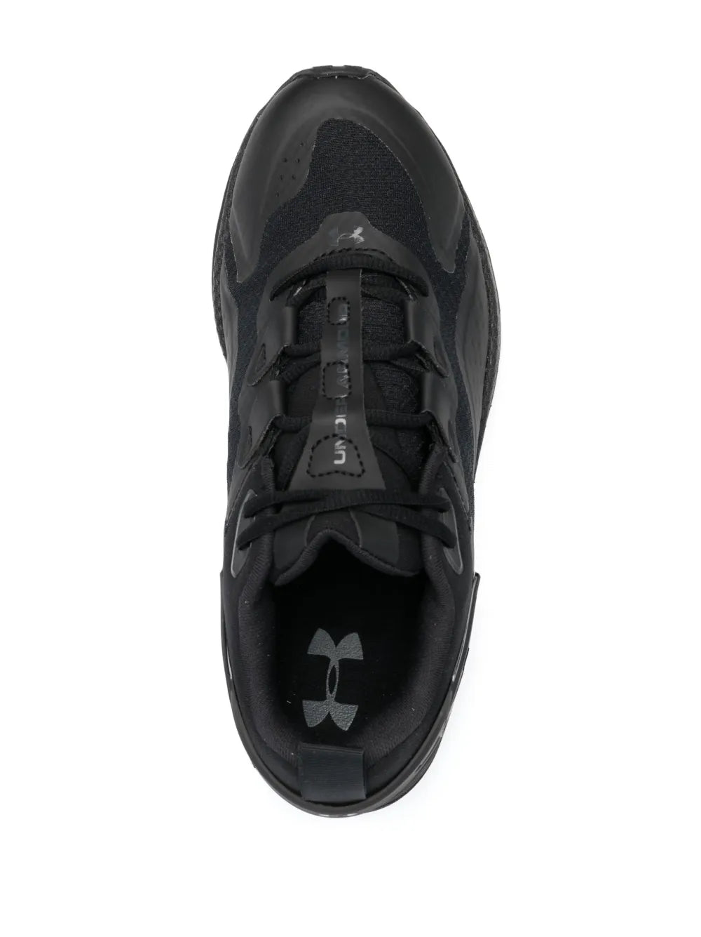 Black low-top lace-up sneaker, front view with Under Armour logo on tongue