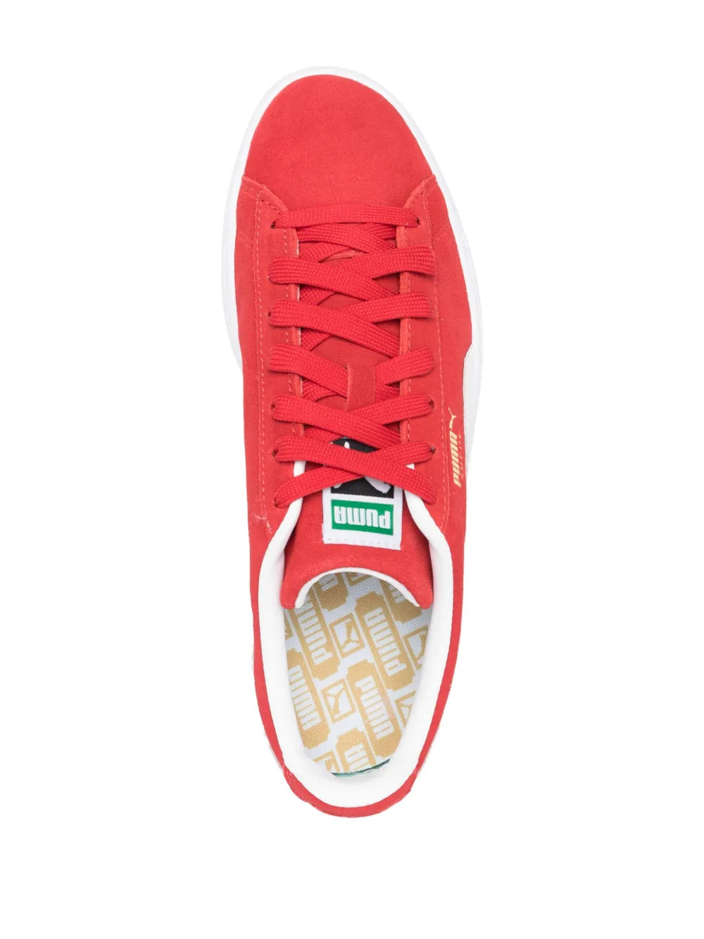 PUMA red low-top sneaker top view with lace-up and patterned insole