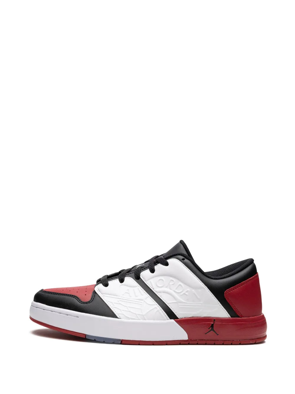 Black, white, and red low-top lace sneakers, front side view with logo