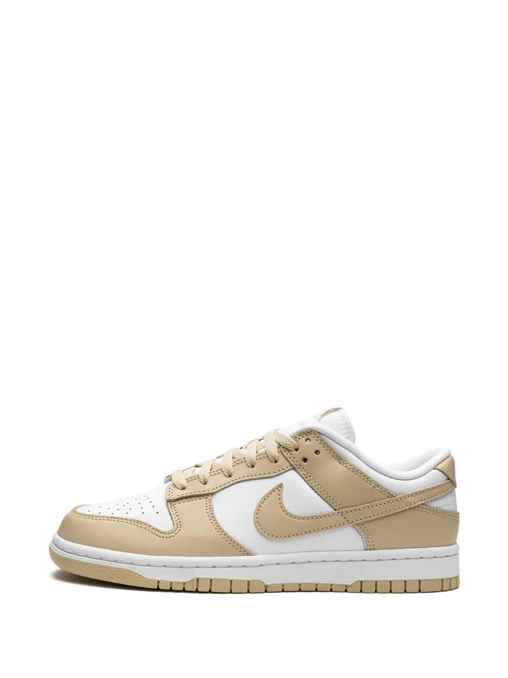 Low-top sneaker in white and tan, front quarter with Nike swoosh and lace-up