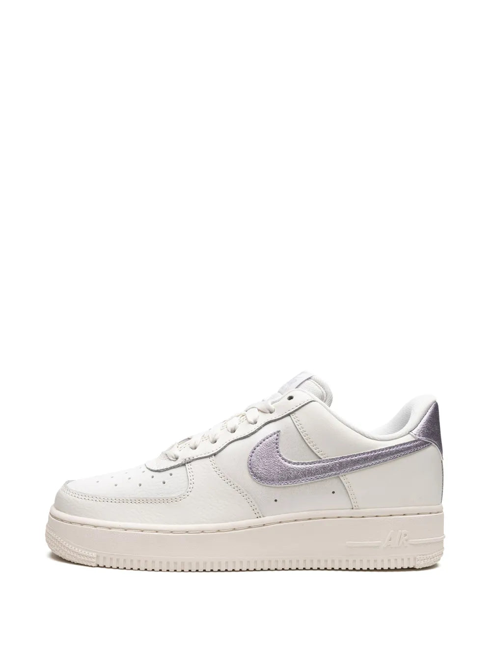 Nike Air Force 1 low-top sneakers, front profile with purple Swoosh detail
