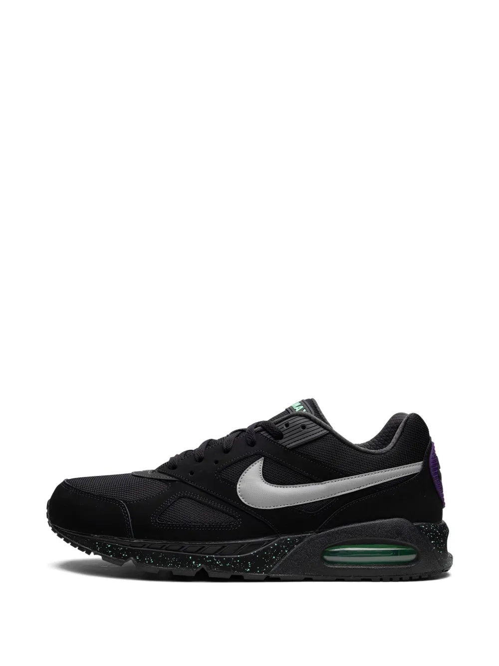 Black lace-up sneaker with silver Swoosh, purple heel detail, and green Air window