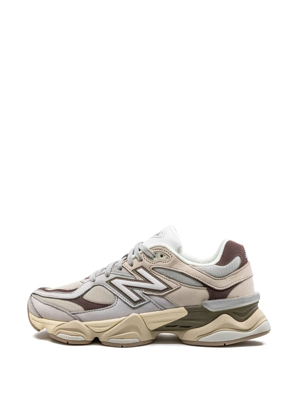 New Balance 9060 lace-up sneakers, grey and beige with brown logo accents, chunky sole