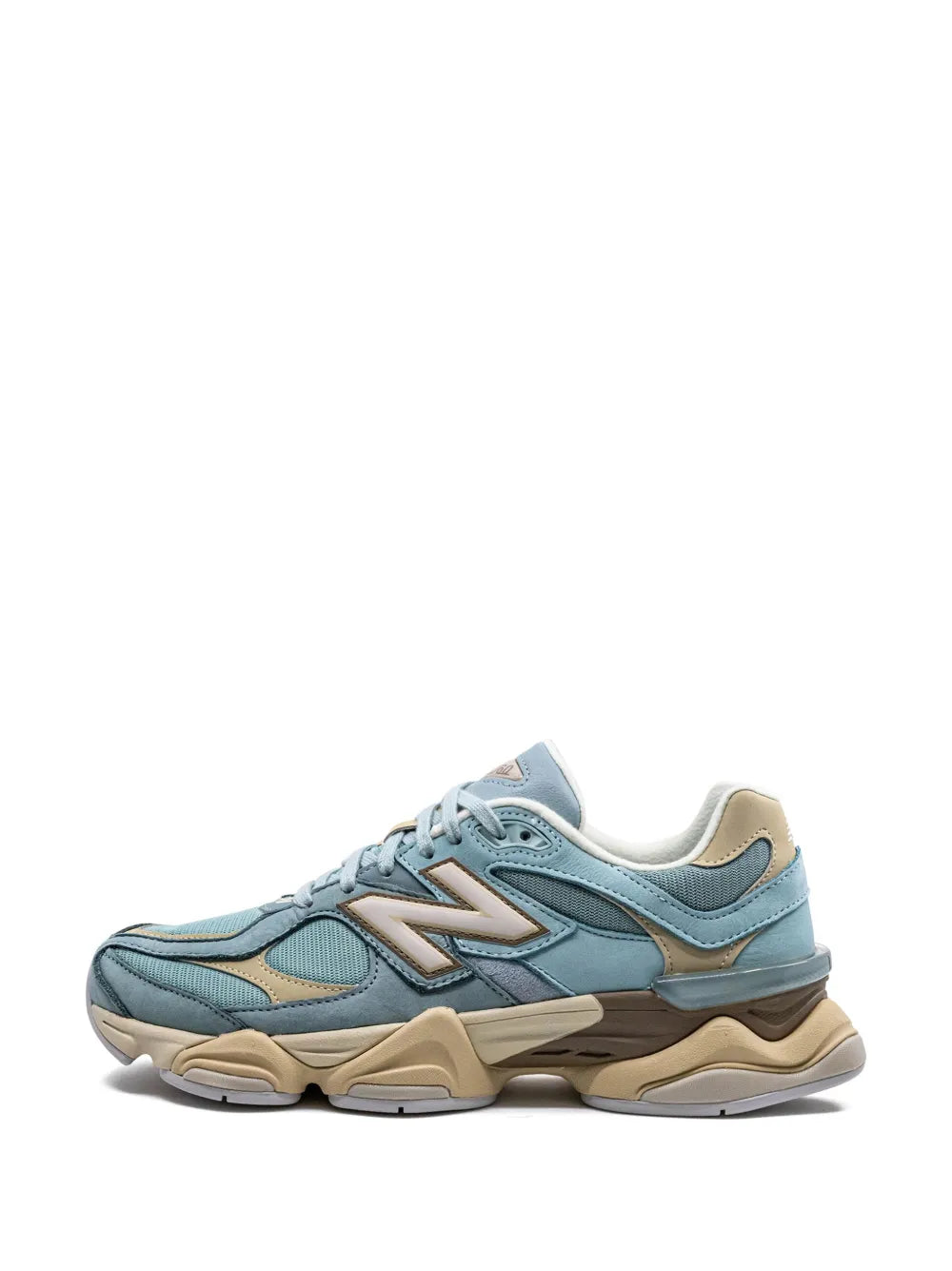 New Balance 9060 blue lace-up sneakers with cream N logo and beige sole