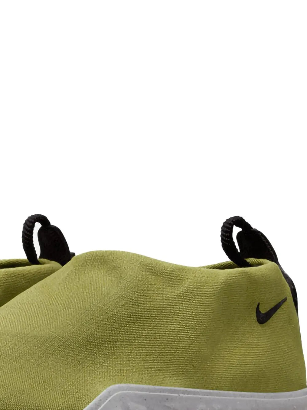 Olive green slip-on moc shoe upper with black heel tabs and side swoosh