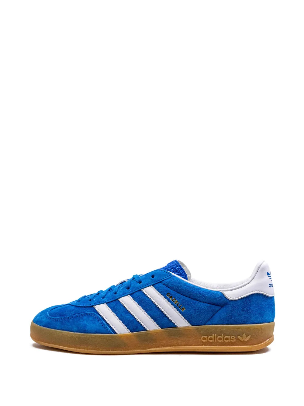 Blue suede adidas sneakers with white stripes, lace-up style and gum sole