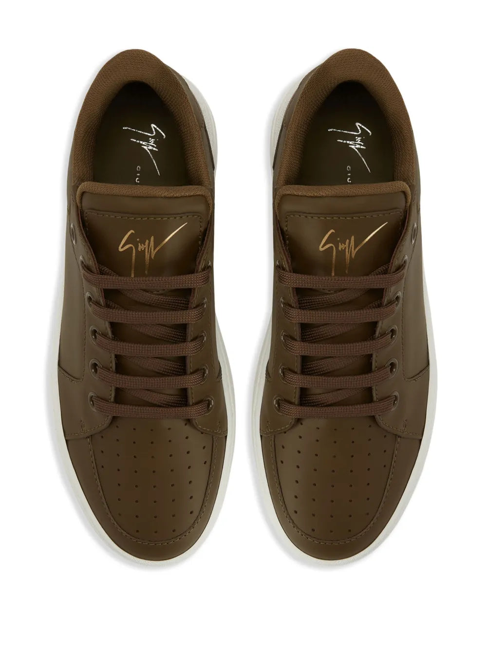 Brown lace-up low-top sneakers with perforated toe and logo on sock liner