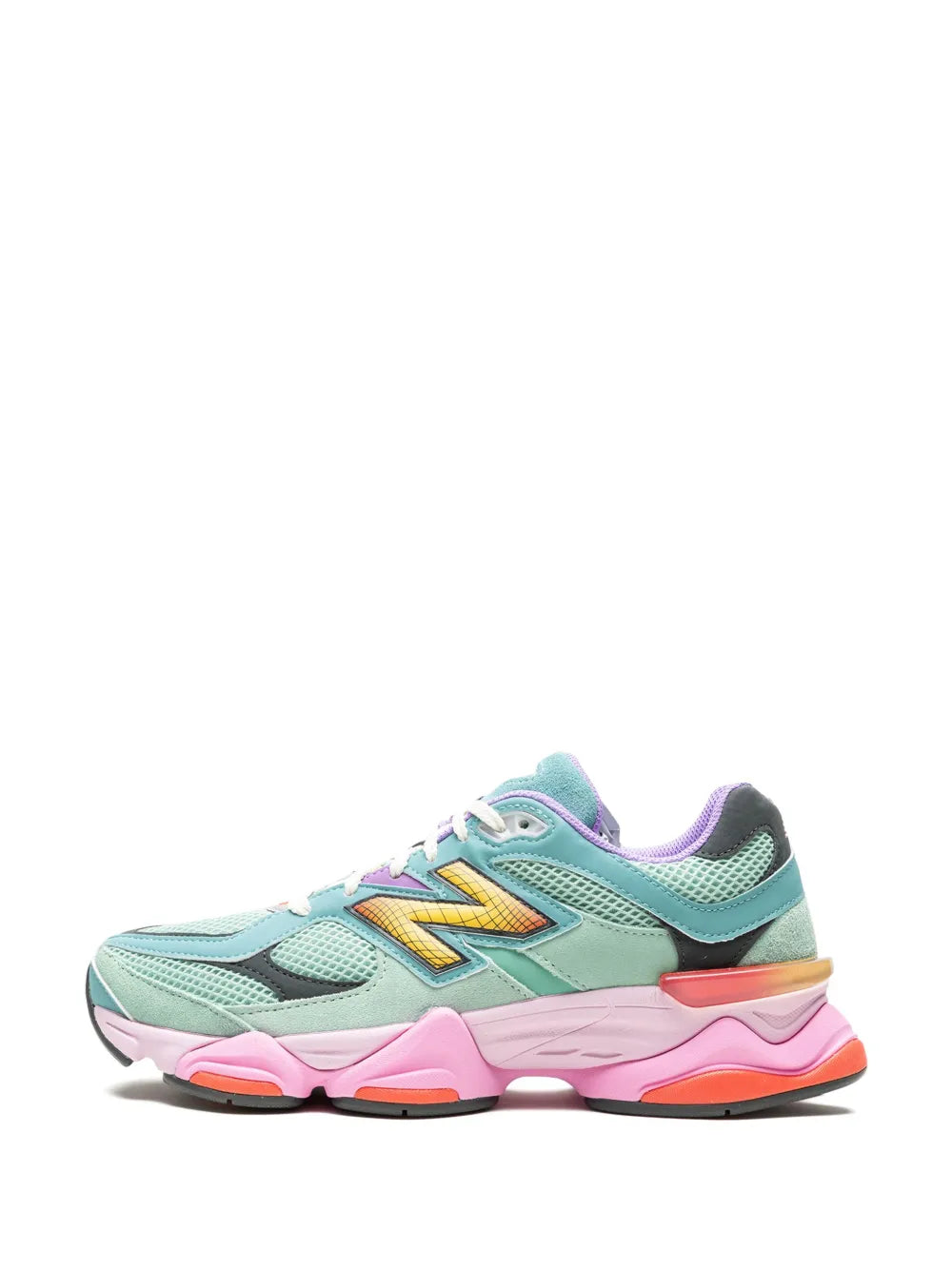 Mint teal New Balance sneakers with lavender accents, yellow N logo, and pink side panels