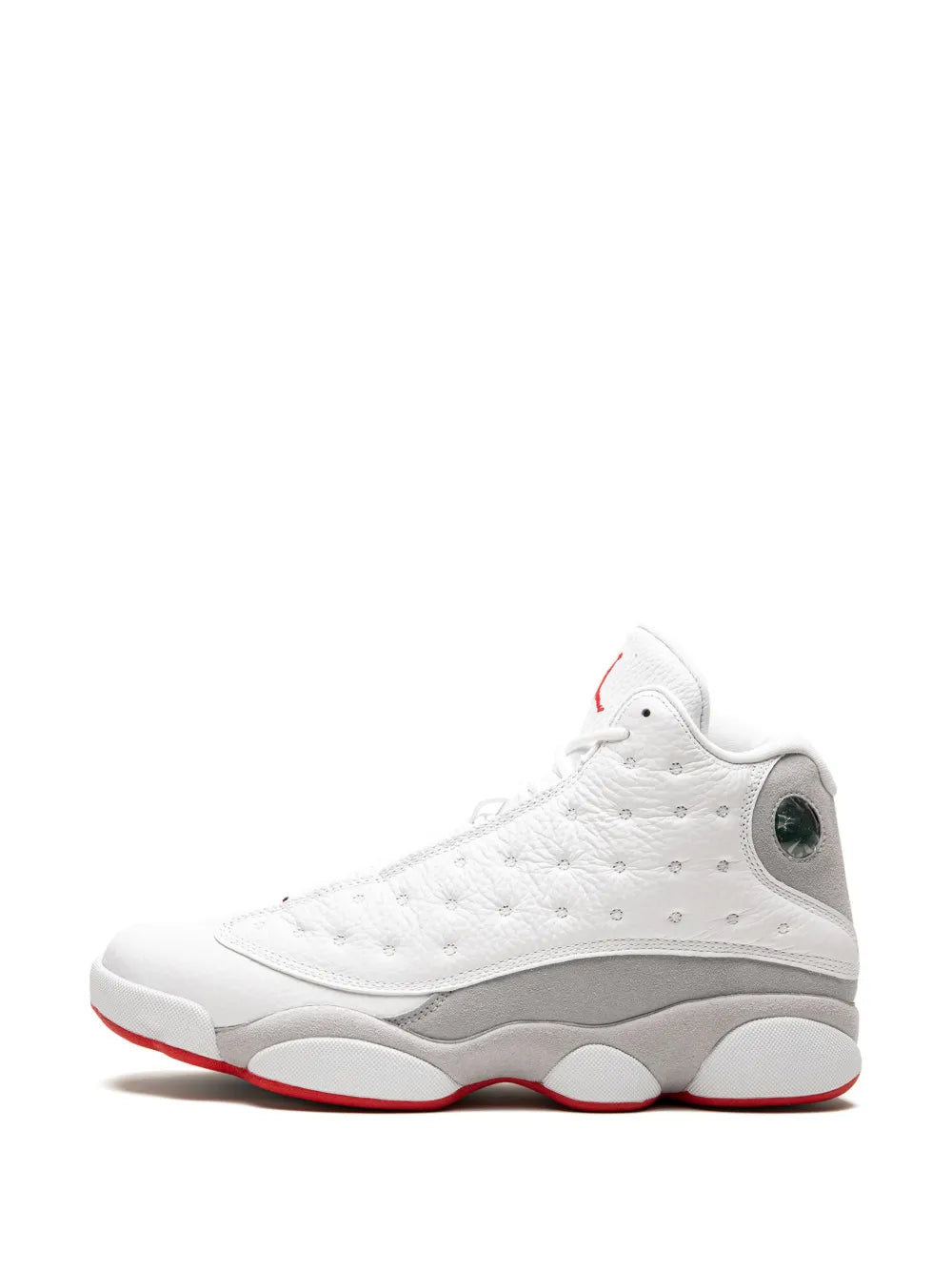 White high-top sneaker with green side panel and red accents at tongue and outsole
