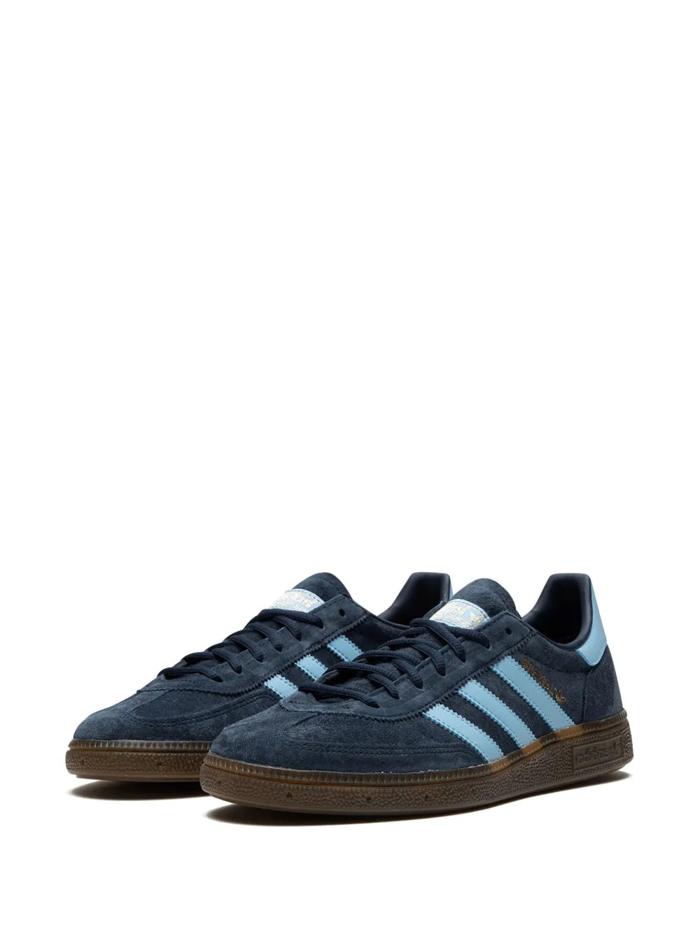 Navy adidas low sneaker with light blue stripes and gum sole, front angle