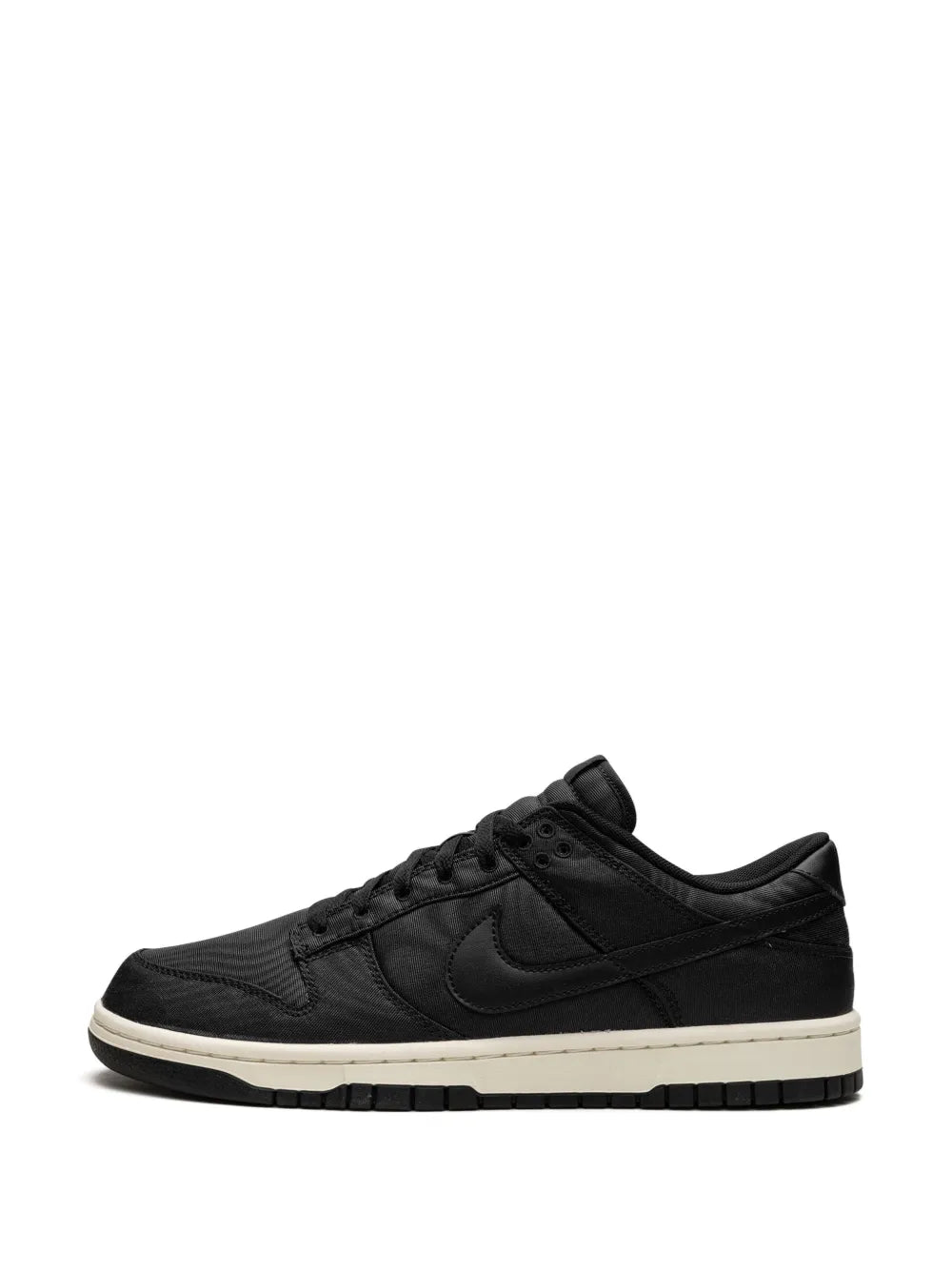Black Nike Dunk Low sneakers with Swoosh logo and white midsole