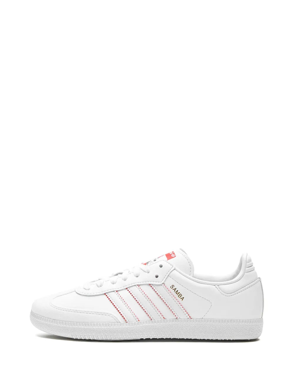 White low-top sneaker with red striped side and lace-up round toe
