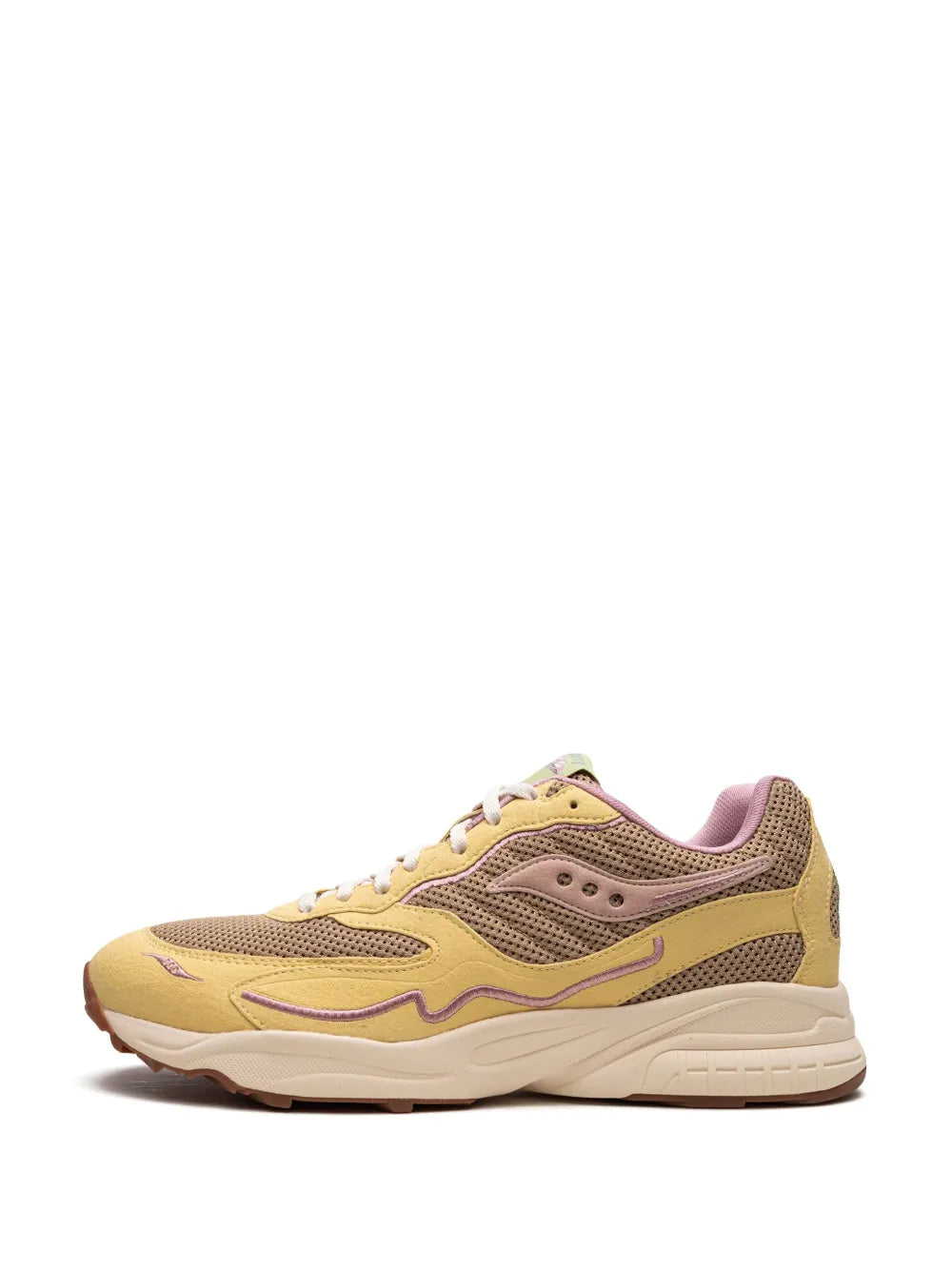 Beige lace-up running shoe with mesh upper, purple collar, and light tan rubber sole