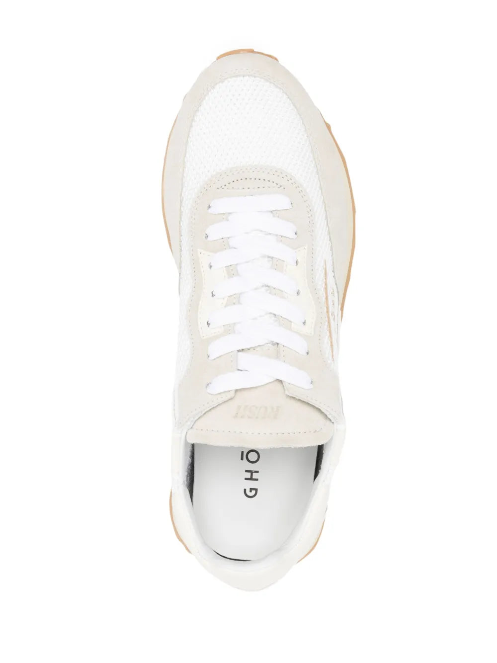 White low-top sneaker with GHOUD logo on heel panel and lace-up vamp