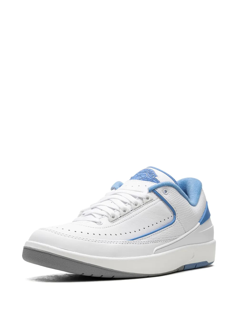 Low-top sneakers with white upper, light blue heel tab, and stitched toe panel