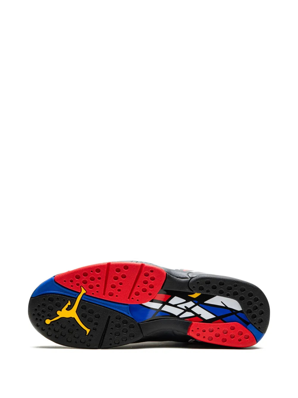 Air Jordan 8 outsole with black traction, red pods, and blue panel