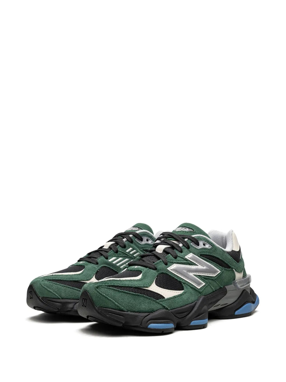 New Balance 9060 low-top sneakers, front 3/4 view with green laces and N logo