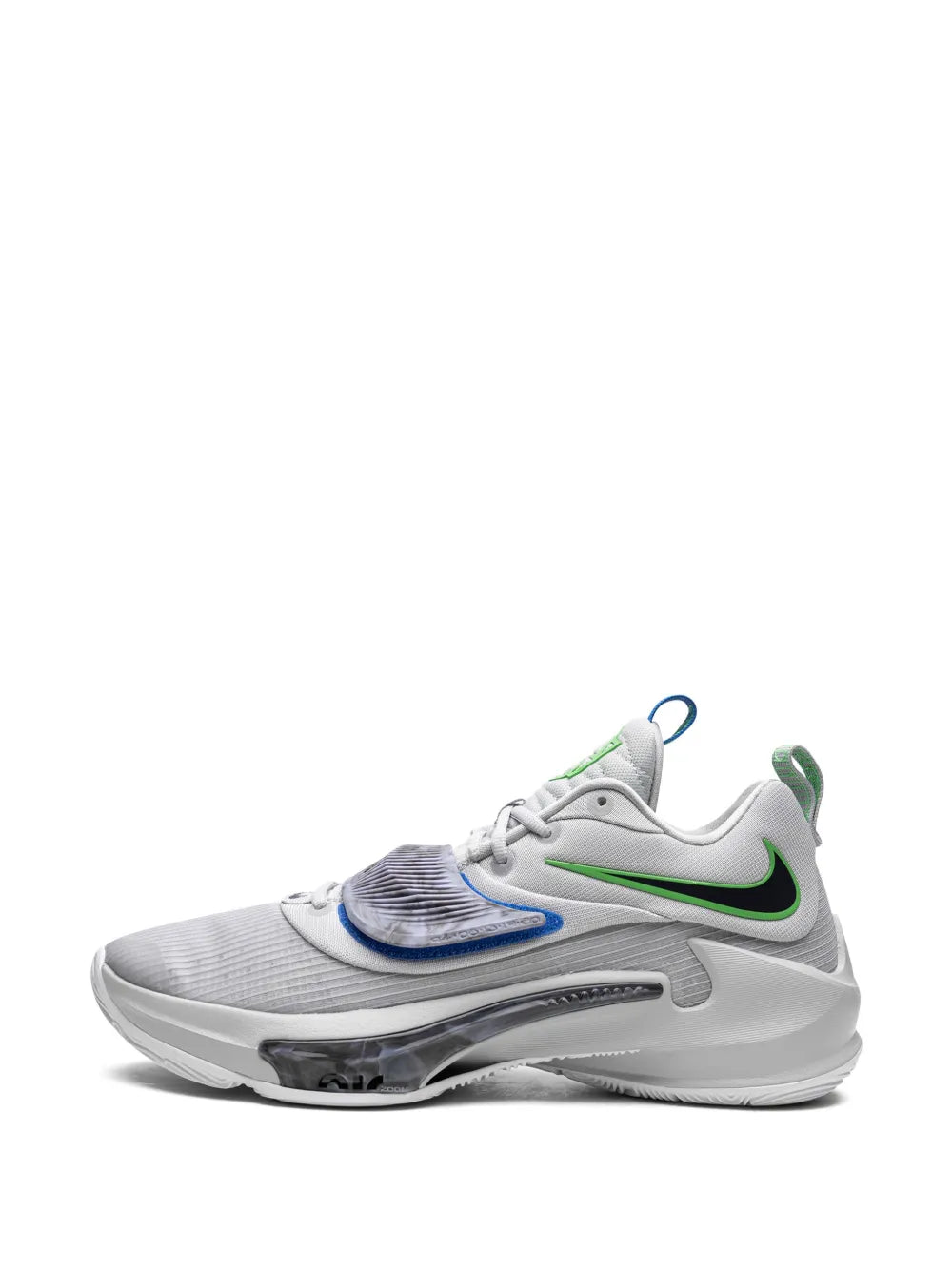 Grey Nike Zoom Freak 3 sneaker profile with blue front panel and green heel tab
