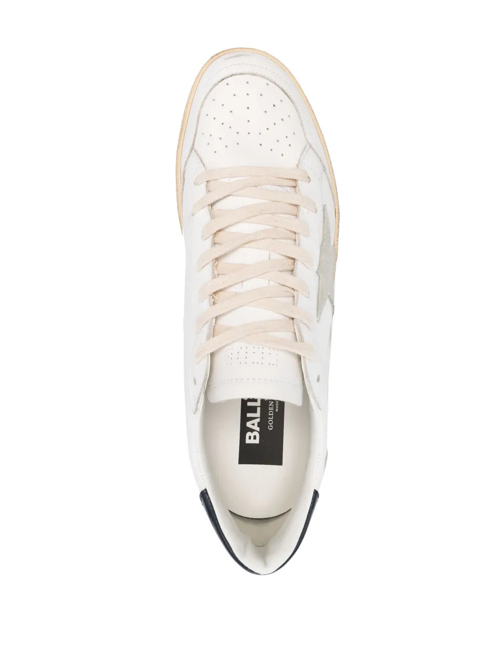Golden Goose leather sneakers front view, white laces, open toe, black interior label