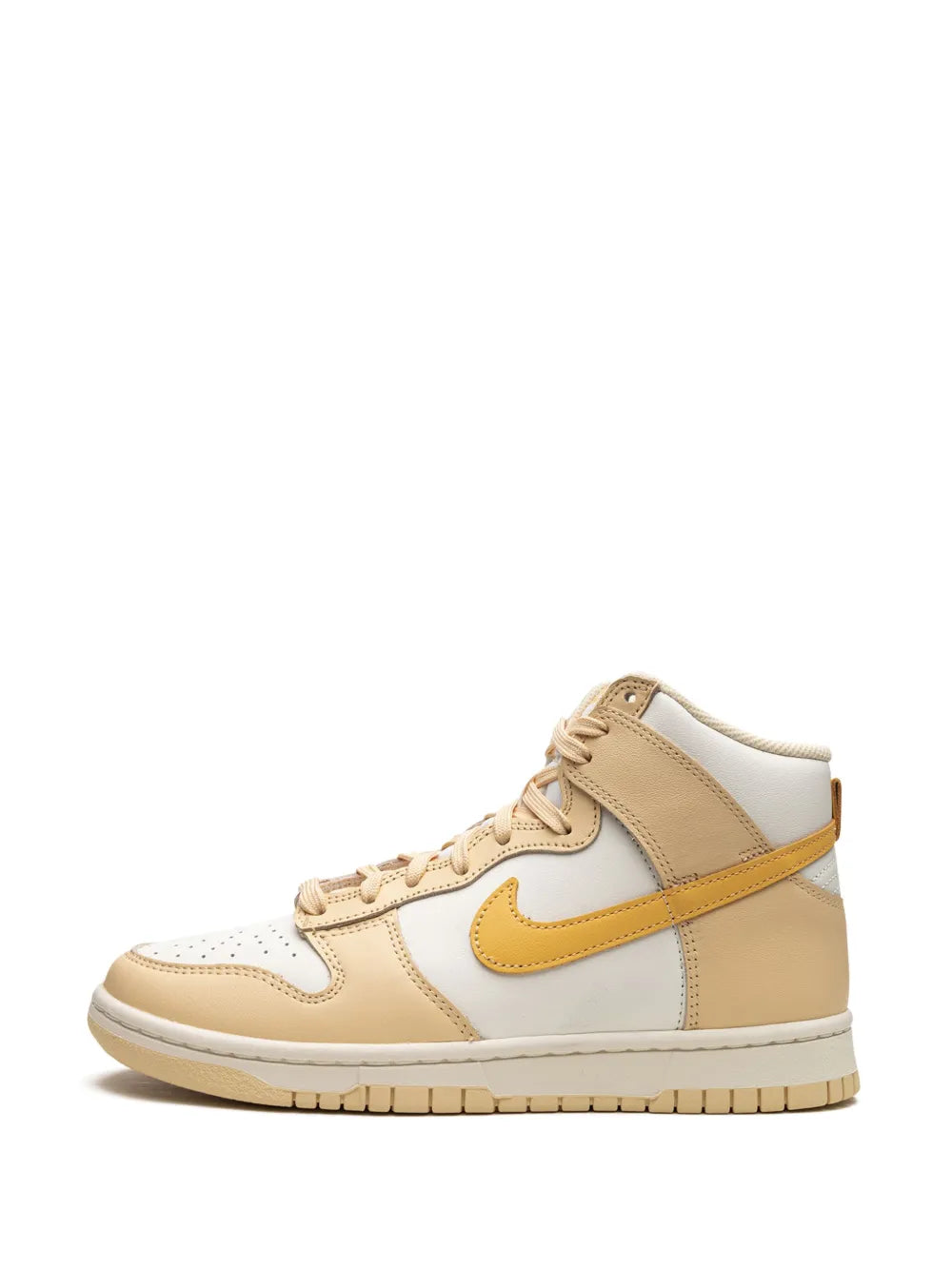 High-top sneaker front view in white and tan with yellow swoosh, lace-up