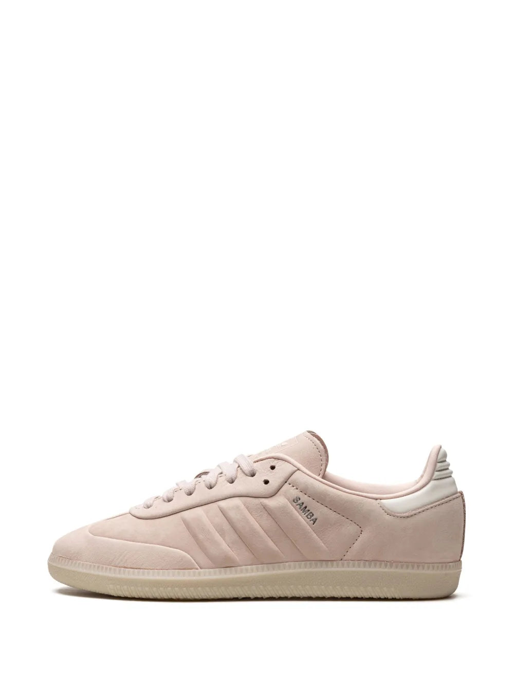 Light pink low-top lace-up sneaker with three-stripe detailing on the side