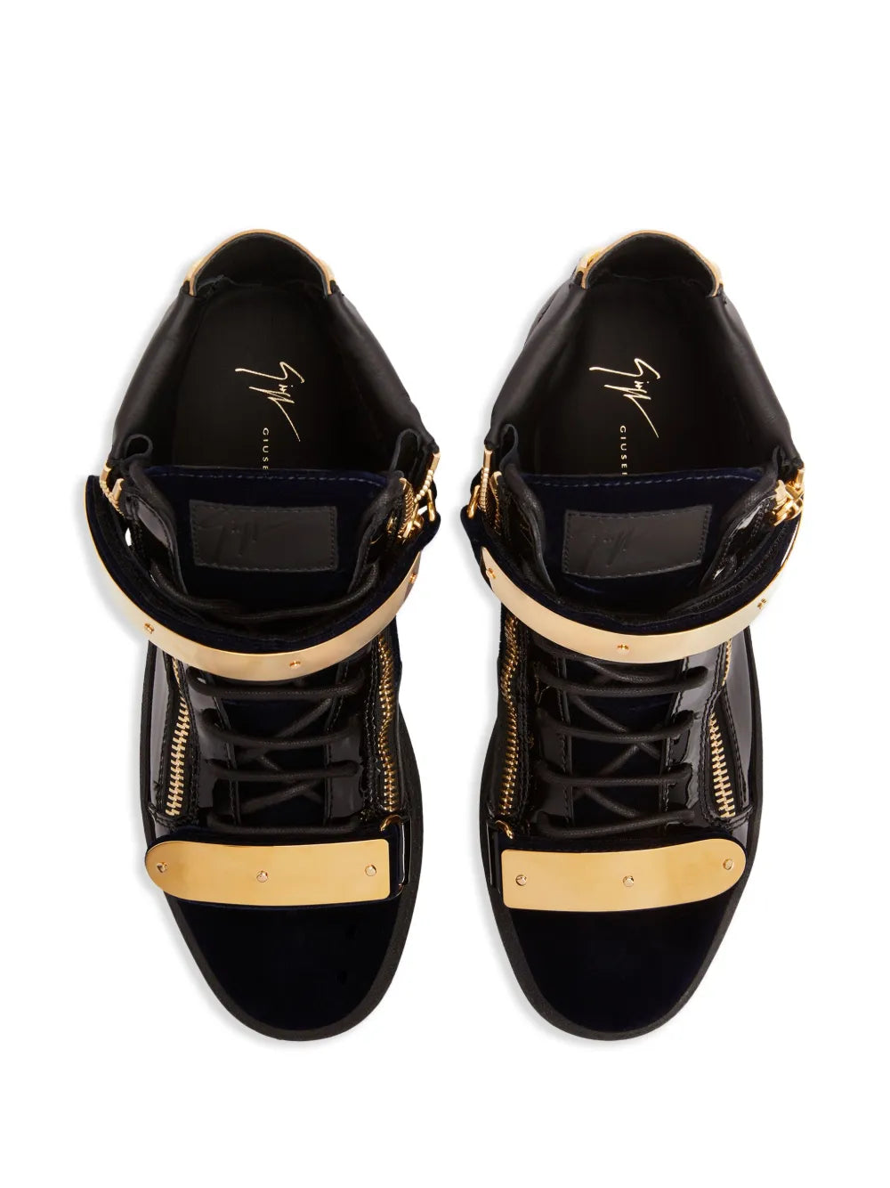 Mid-top sneakers, navy/black with gold toe straps, lace-up front and zipper accents