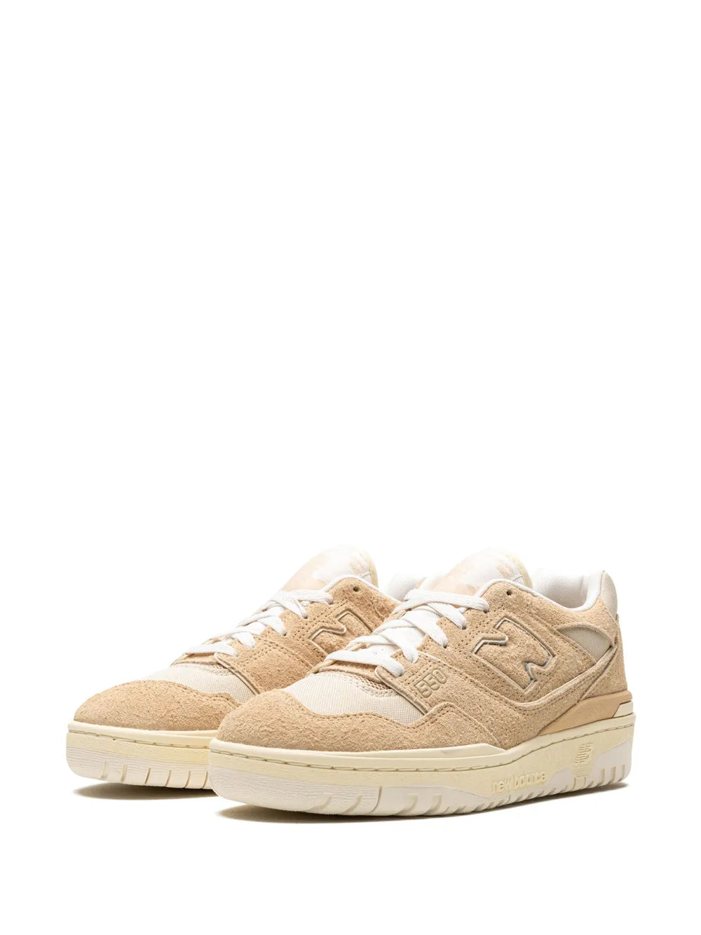 New Balance 550 tan suede sneakers, pair shown in front view