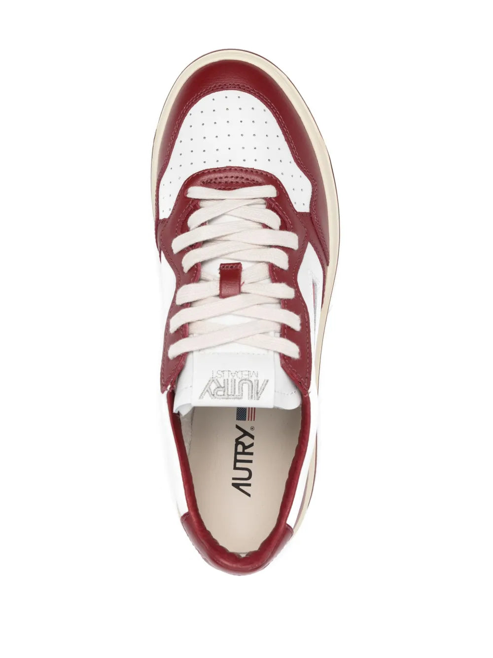 Autry low-top sneakers top view, white laces and burgundy leather side panels