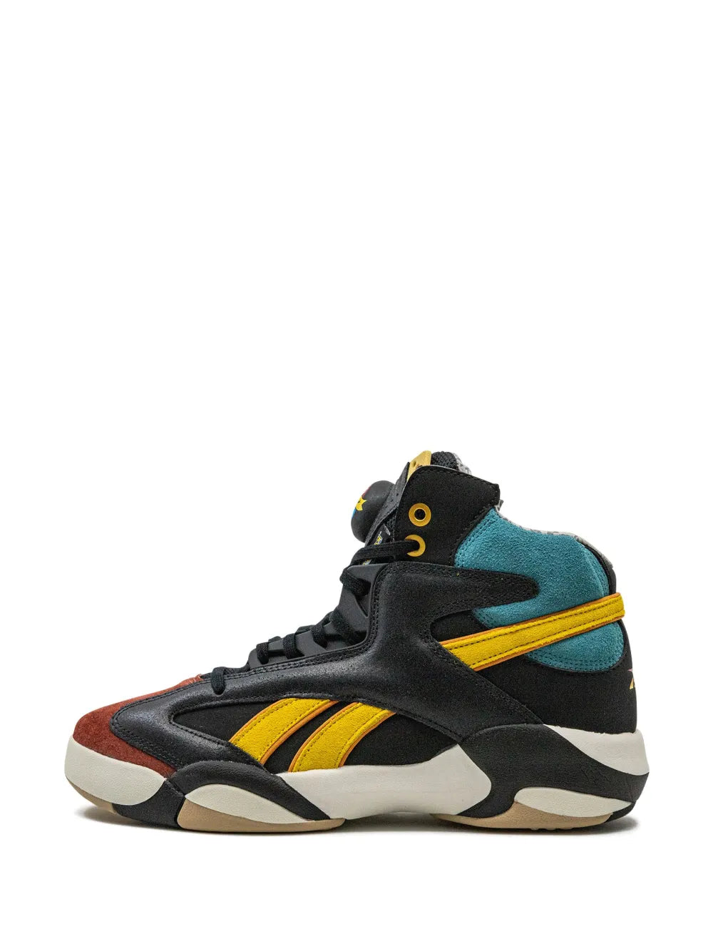 High-top sneaker side view in black with teal upper, yellow stripe detail, and red/brown toe