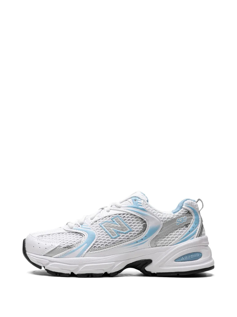 White mesh sneakers with light blue trim, lace-up, textured side panel, black sole