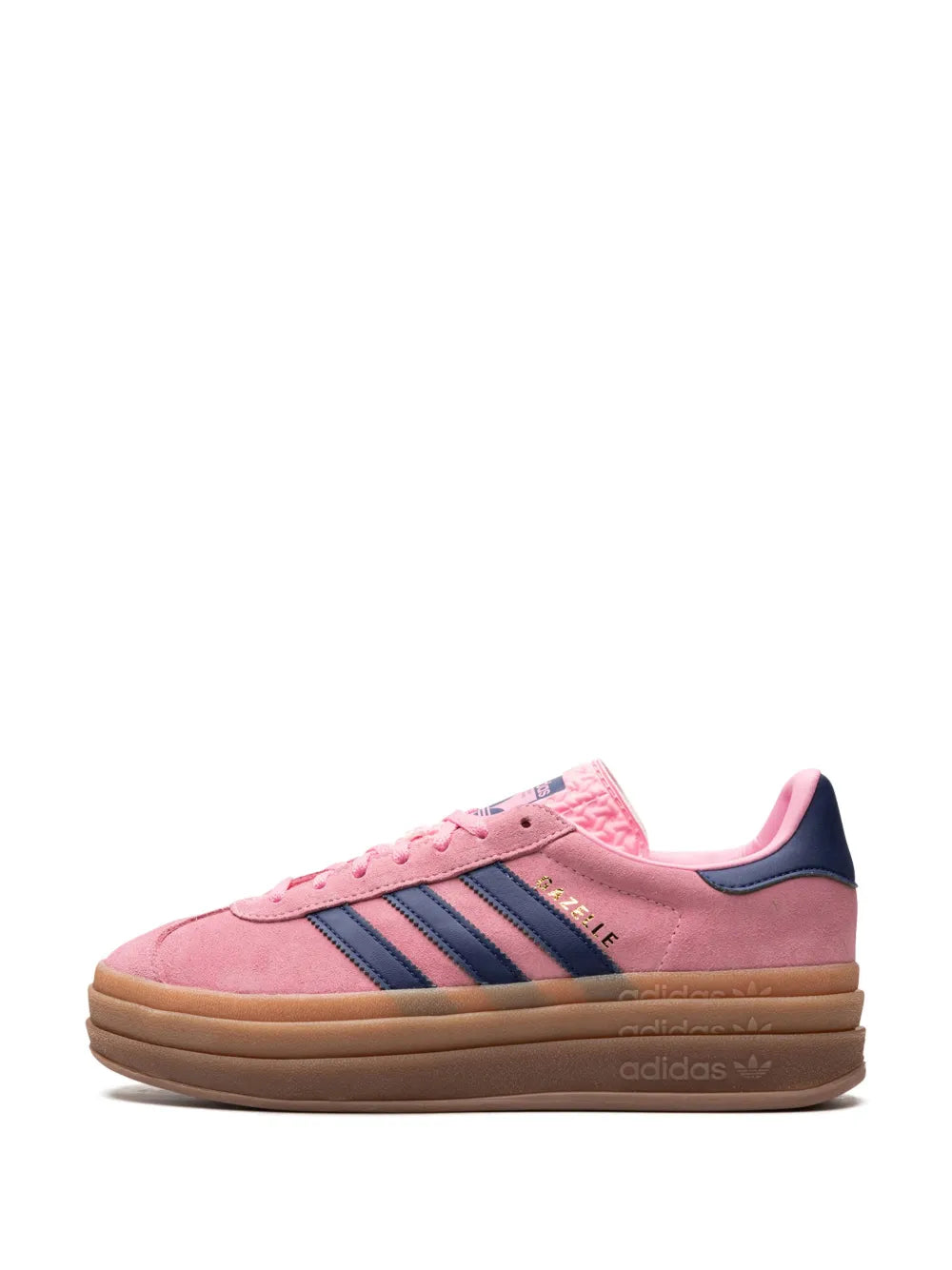 adidas Gazelle Bold sneakers, pink suede, navy stripes, lace-up, thick gum midsole