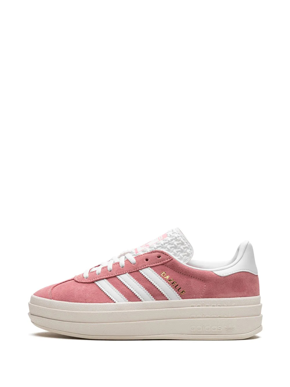 Pink suede low-top sneakers with white stripes, lace-up closure, and platform sole