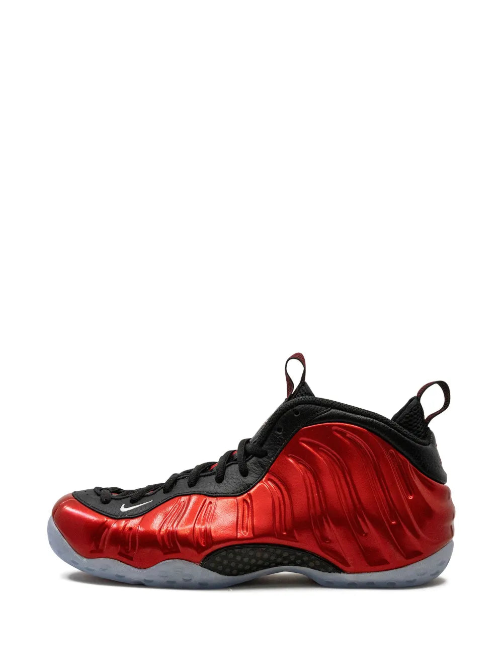 Nike Air Foamposite One basketball shoe, front side view with red upper and black laces