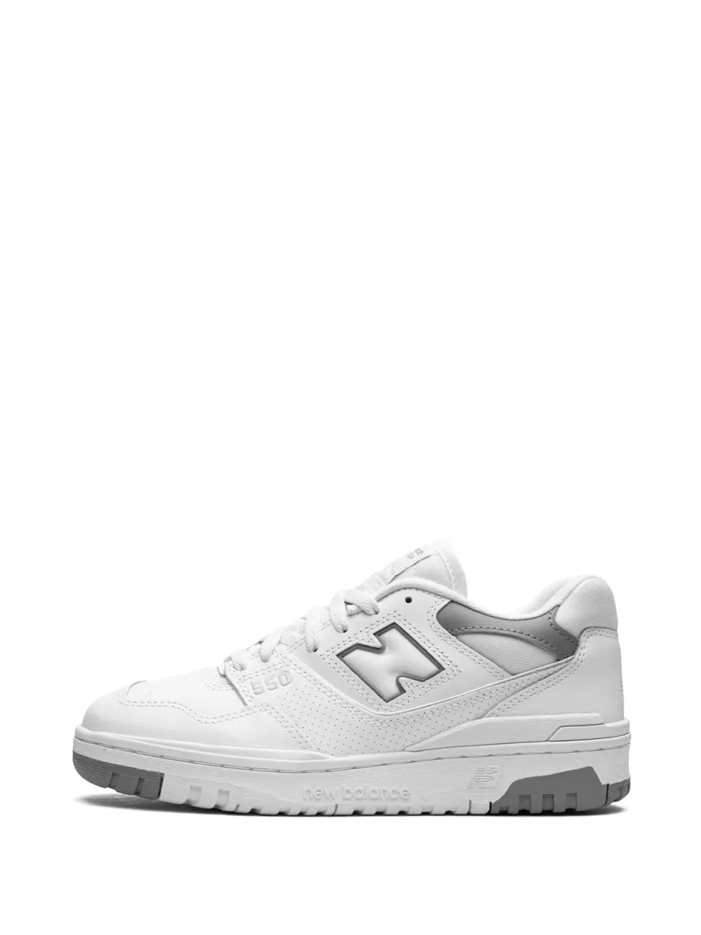 New Balance 550 white sneakers with grey heel panel and lace-up padded collar