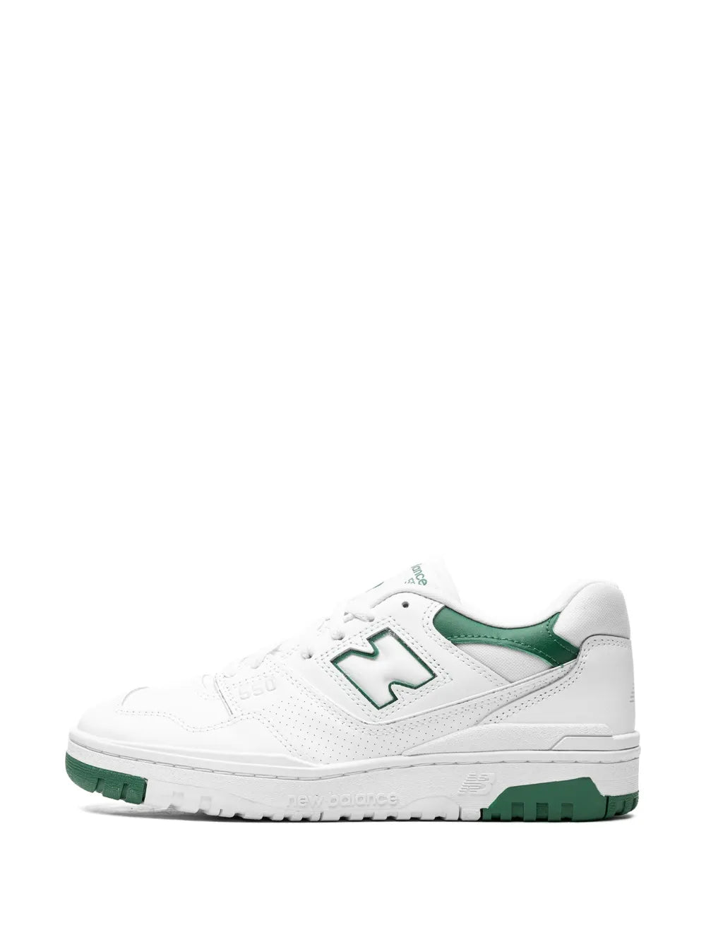 White low-top sneakers with green N logo, lace-up closure, and side panel stitching