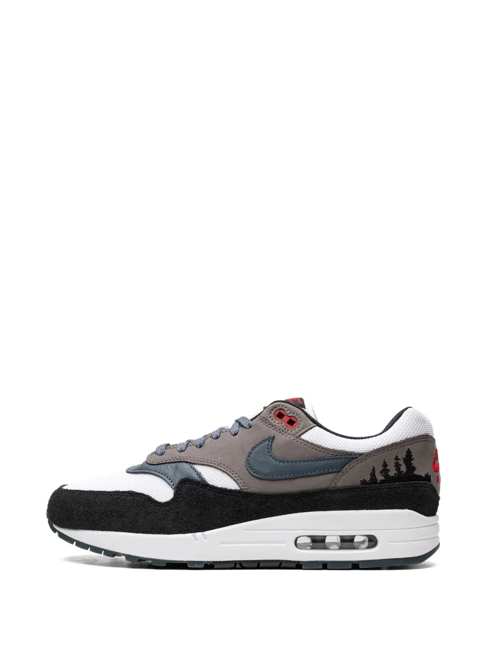 Nike Air Max 1 sneakers front side, white/gray mesh with blue Swoosh and air unit