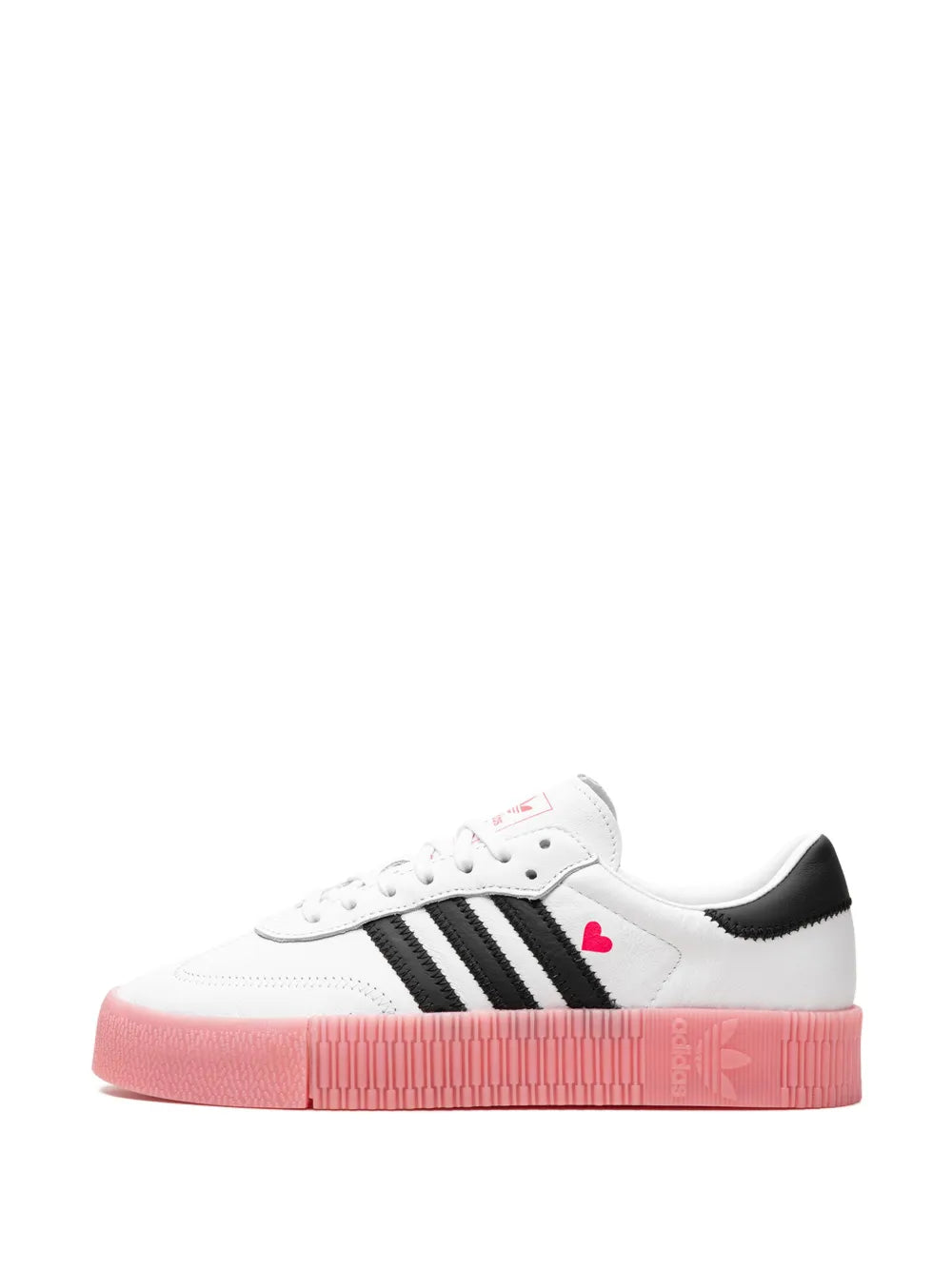 White low-top sneakers with black stripes and pink platform sole