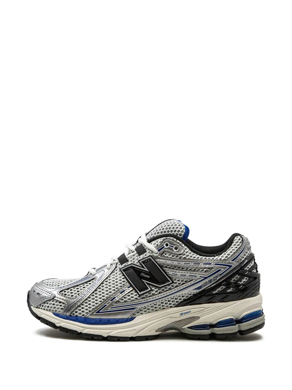 New Balance 1906R low-top sneakers in white and grey with black overlays and blue trim