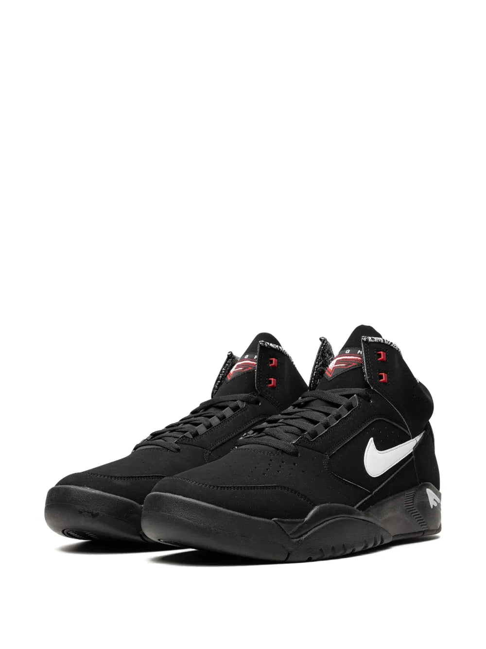 Black mid-top sneaker pair with white swoosh and subtle red accents, lace-up