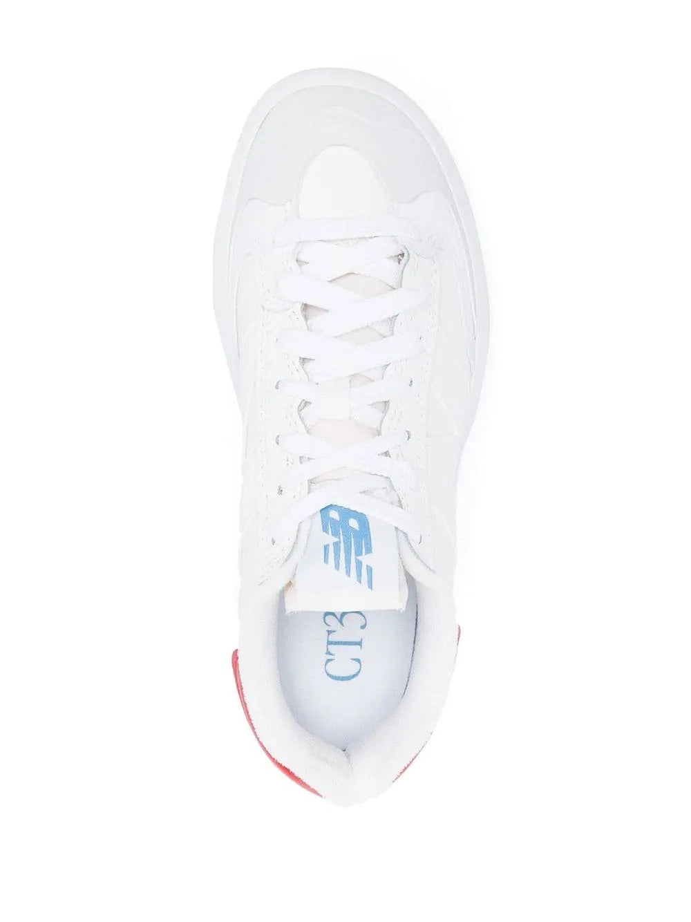 White low-top sneakers with blue logo on tongue, lace-up front
