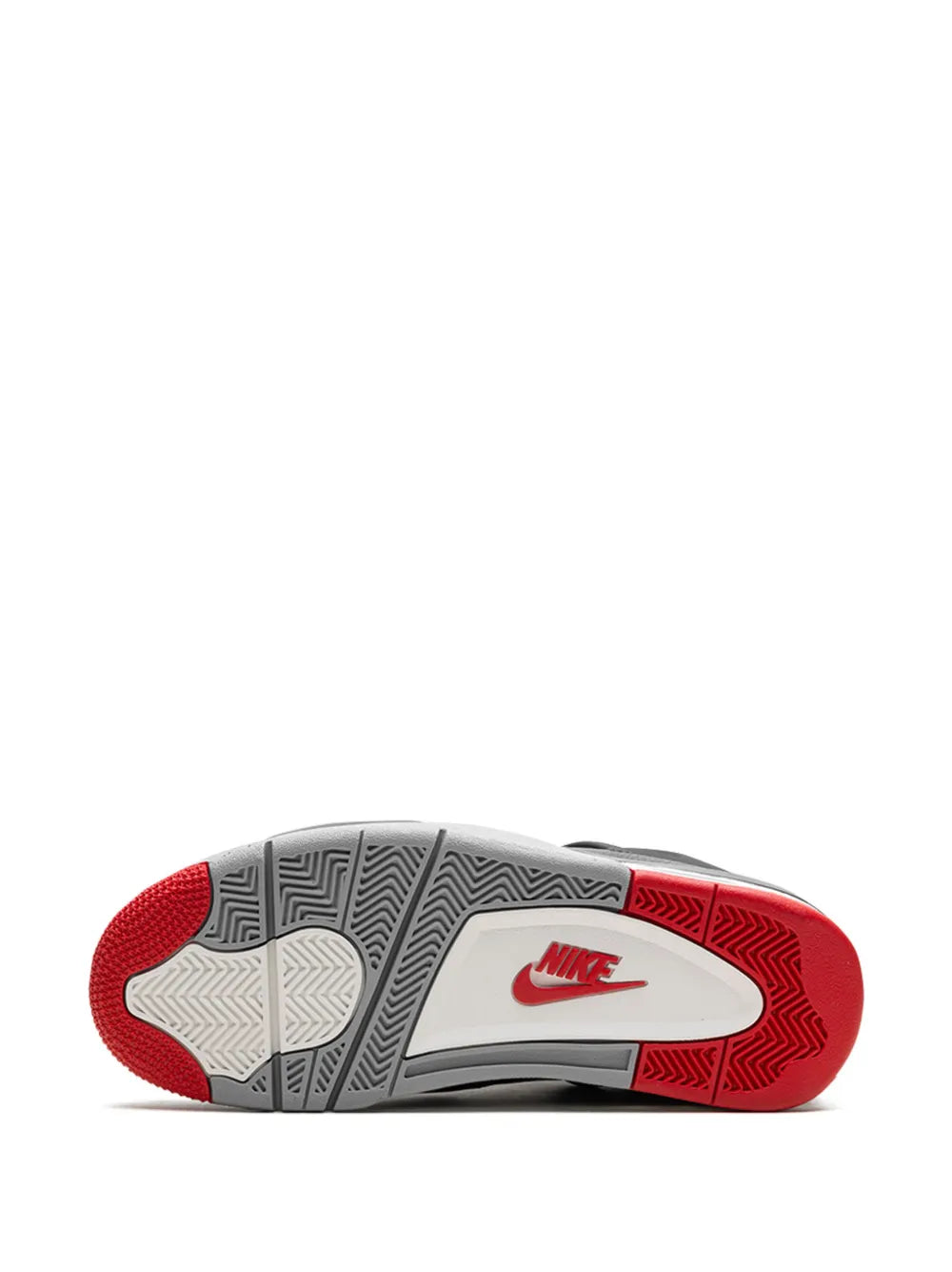 Air Jordan 4 outsole, gray patterned tread with red trim and Nike logo