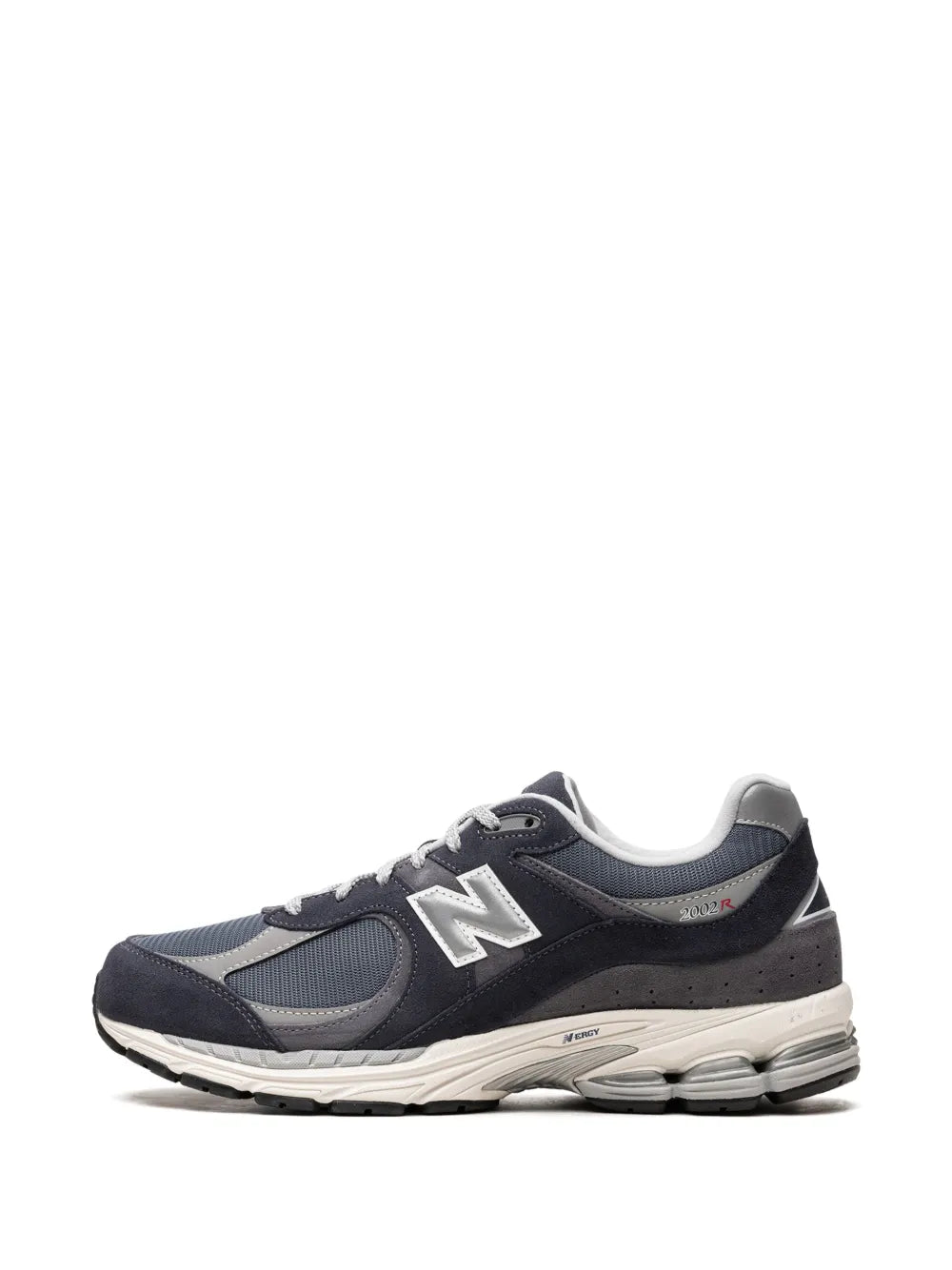Running sneaker side view, dark navy knit panels, gray overlays, lace-up design