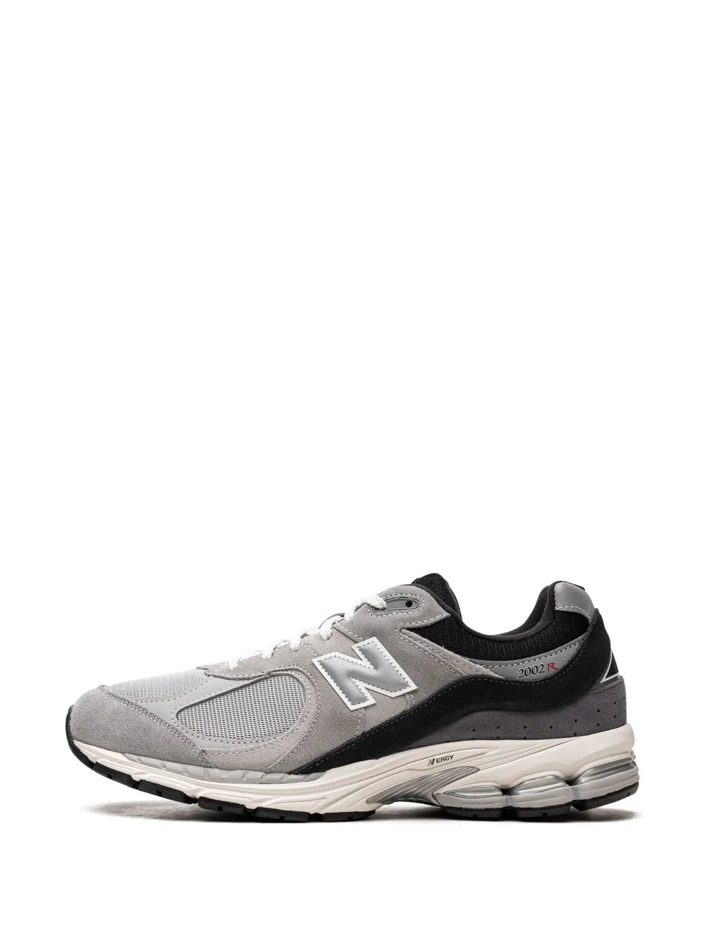 Grey lace-up running sneaker with black side panel, N logo, and white cushioning